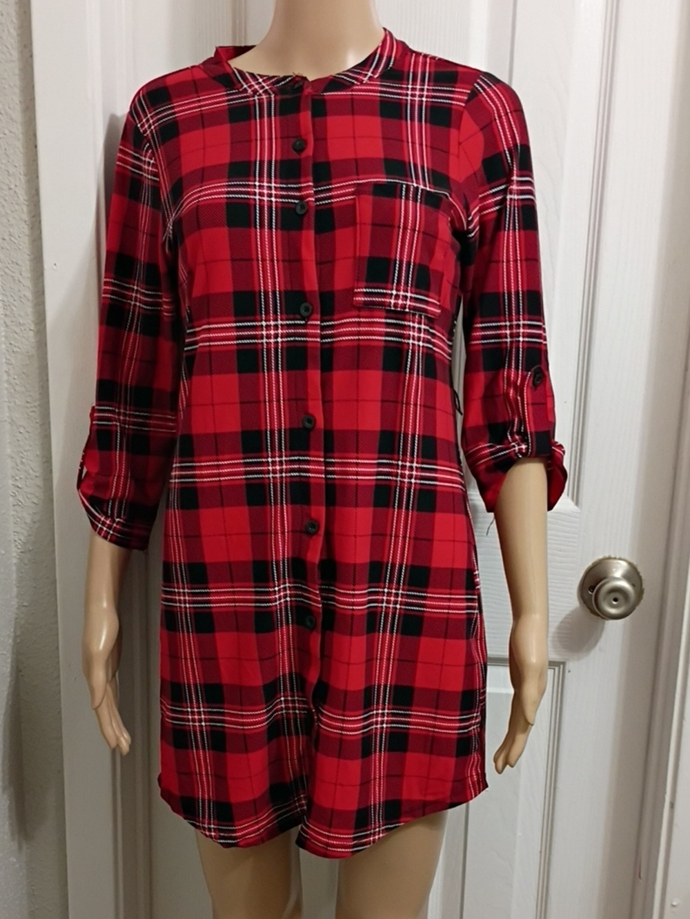 Red and Black Plaid Button-Front Tunic